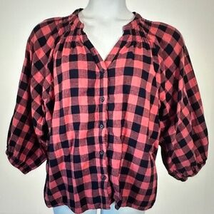 Time & Tru Plaid Blouse Red Black Check 3/4 Sleeve Cotton Plus Size XXL NWT